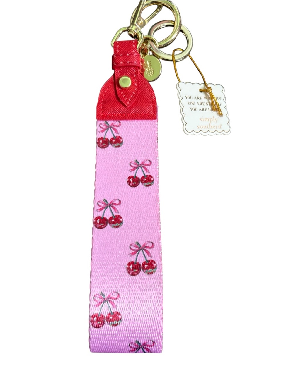 Simply Southern Cherry Bows Keyfob Wristlet Keychain NEW Pink Preppy Cherries - Picture 4 of 4